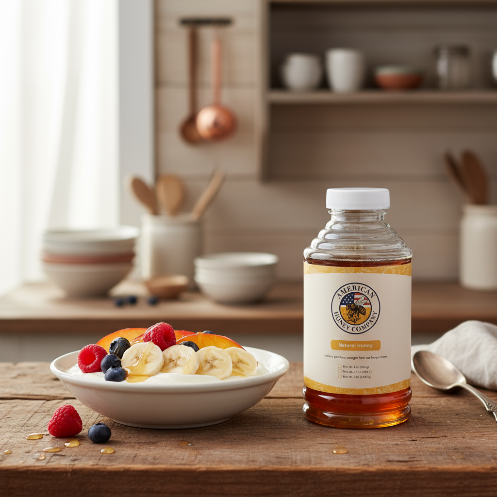Bottle of American Honey Company honey used to sweeten yogurt